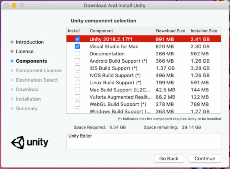 Unity component selection