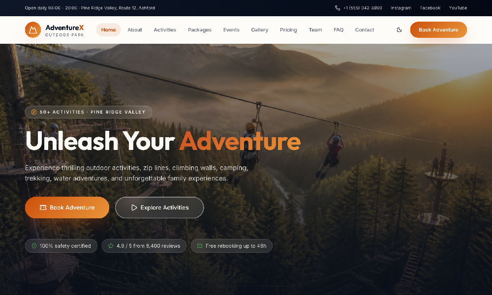 Adventure Park, Zip Line & Outdoor Activities HTML Template